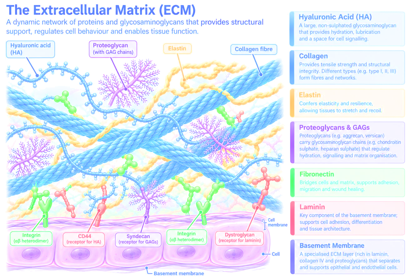The extracellular matrix: hyaluronic acid, collagen, elastin, proteoglycans, fibronectin and laminin, and the receptors through which cells read them